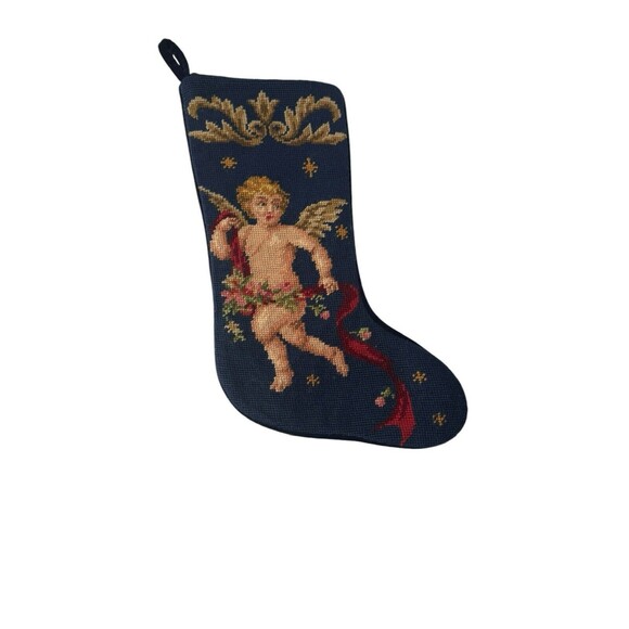 Imperial Elegance Angel Christmas Stocking Embroidered Needlepoint Wool Vtg 90s